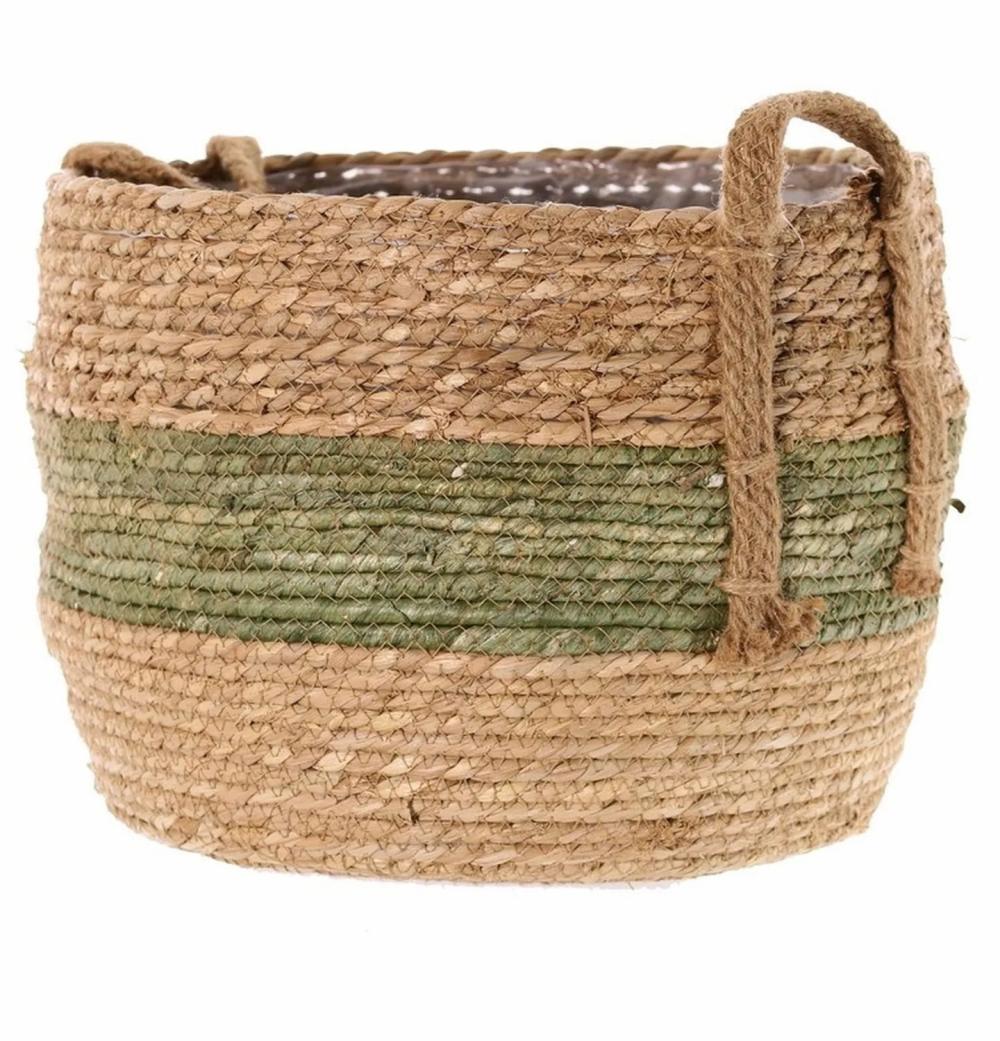 Baskets | Basket Planter Upali, Bound Sea Grass, 2 Carrying Handles, Beige-Green, 10"/26Cm, Ø13"/33Cm Accessories Baskets