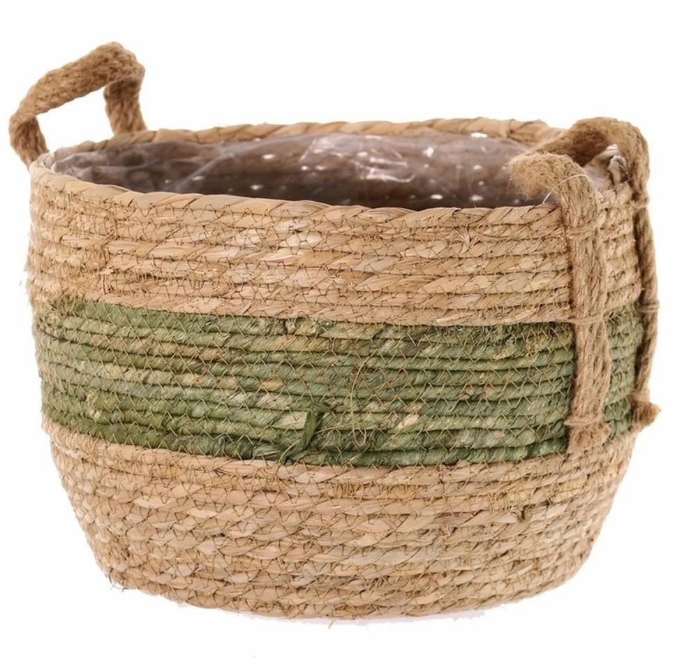 Baskets | Basket Planter Upali, Bound Sea Grass, 2 Carrying Handles, Beige-Green, 8"/19Cm, Ø9"/24Cm Accessories Baskets