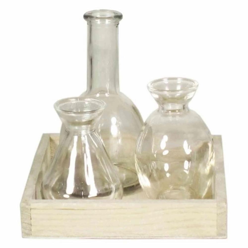 Bottles | Wooden Tray With Glass Vases Kayra, 3 Pcs, Clear, 6.7"X6.7"X6.3"/17X17X16Cm Accessories Bottles