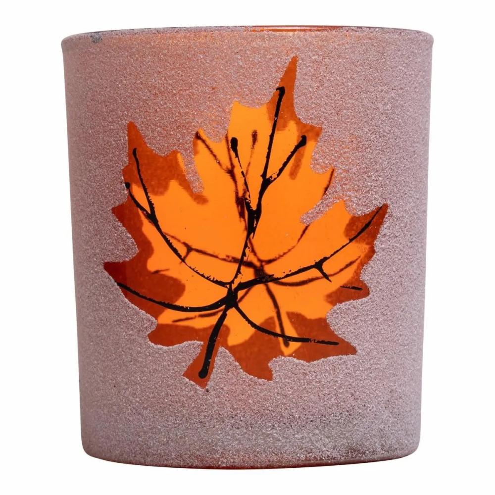 Candle holders | Autumnal Glass Tealight Holder Hipolito With Maple Leaf Motif, Yellow-Orange, 8Cm, Ø7Cm Accessories Candle holders