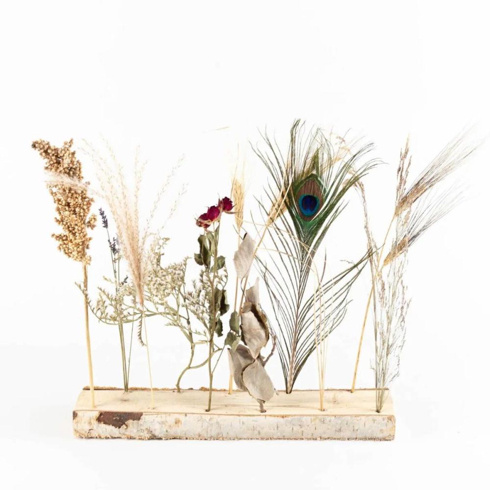 Dried flowers | Dried Flowers On Wooden Board Michael, Green-Purple, 40X7X35Cm Accessories Brown