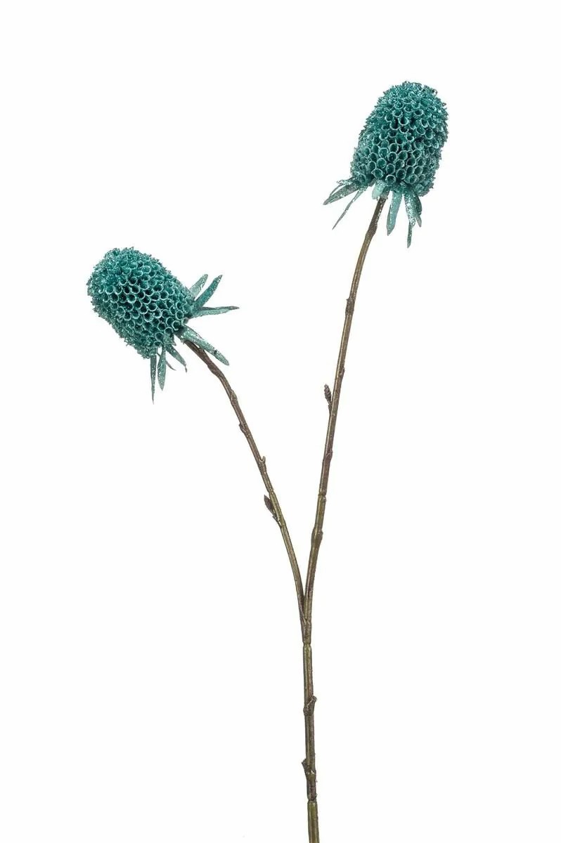 Eryngium | Artificial Branch Carduus Aveline With Glitter, Turquoise, 26"/65Cm Artificial Flowers Blue