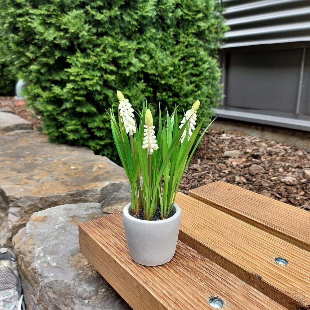 Hyacinth | Artificial Flower Grape Hyacinth Narmada In A Cement Pot, White, 8"/20Cm Artificial Flowers Hyacinth