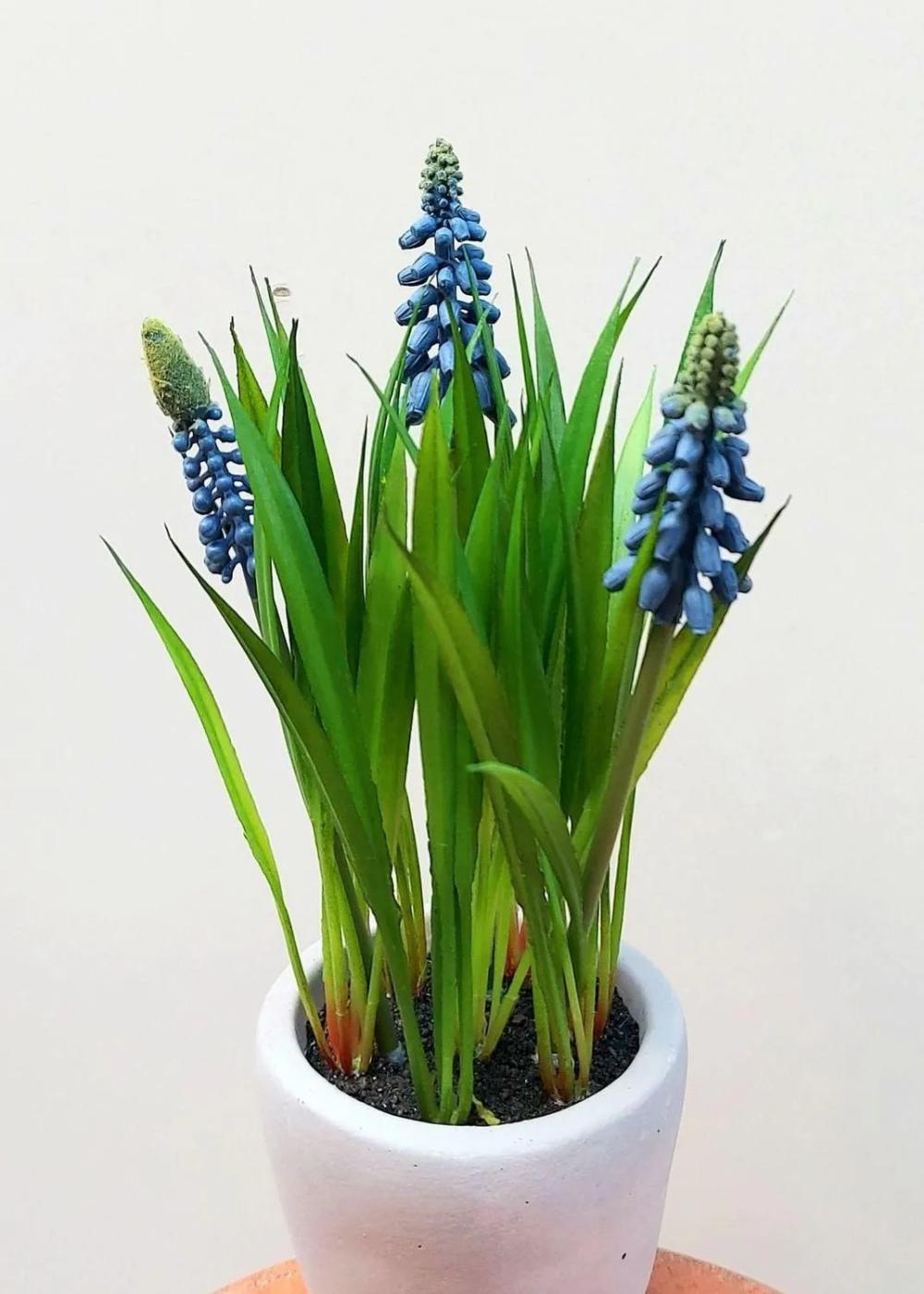 Hyacinth | Artificial Flower Grape Hyacinth Narmada In Cement Pot, Blue, 8"/20Cm Artificial Flowers Blue