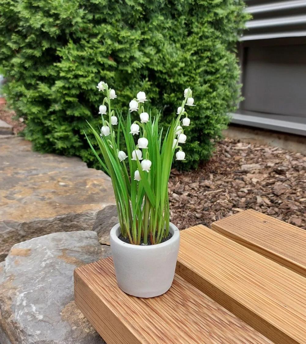 Lily of the valley | Artificial Flower Lily Of The Valley Nomtha In Cement Pot, White, 8"/20Cm Artificial Flowers Lily of the valley