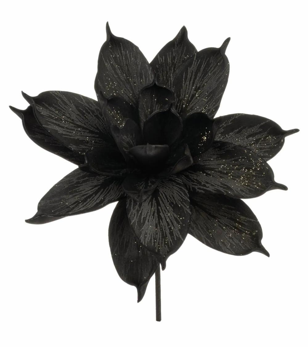 Magnolia | Plastic Foam Magnolia Amilie, Glitter, Black, 12"/30Cm, Ø10"/26Cm Artificial Flowers Black