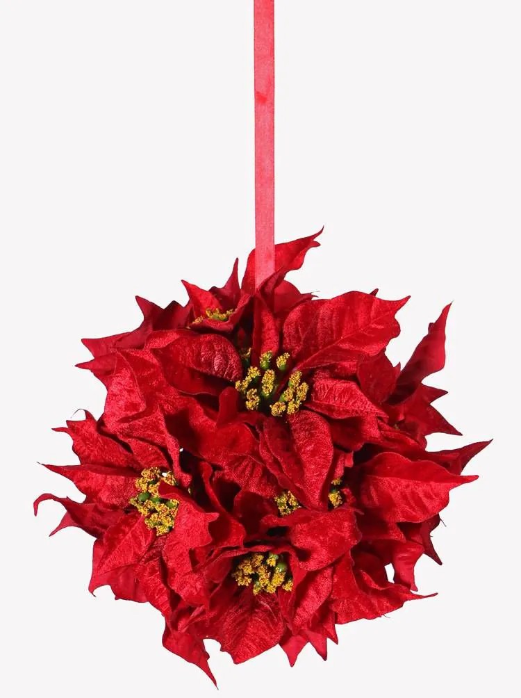 Poinsettia | Fake Poinsettia Ball Cathlin, Red, Ø10"/25Cm Artificial Flowers Poinsettia