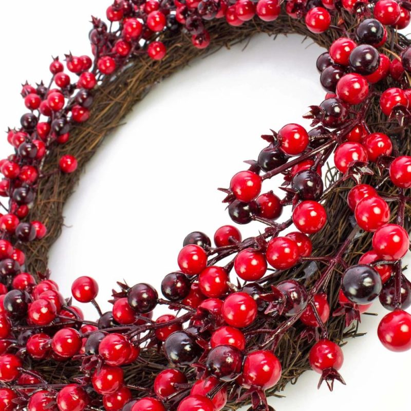 Pyracantha | Artificial Firethorn Wreath Gasira, Red-Wine Red, Ø18"/45Cm Artificial Plants Pyracantha