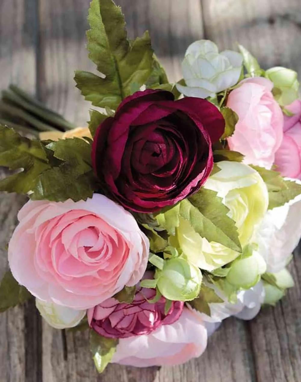 Ranunculus | Bouquet Of Silk Ranunculus Tonie, Fuchsia-White, 8"/20Cm, Ø8"/20Cm Artificial Flowers Ranunculus