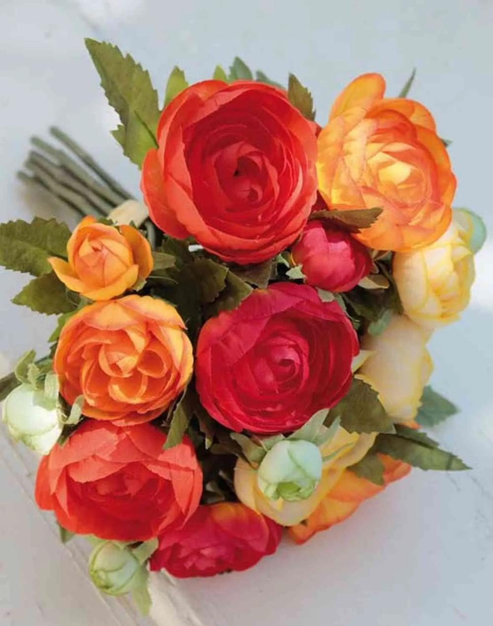 Ranunculus | Bouquet Of Silk Ranunculus Tonie, Yellow-Orange, 8"/20Cm, Ø8"/20Cm Artificial Flowers Orange