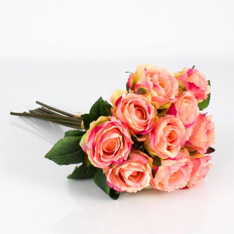 Rose | Bouquet Of Roses Molly With 10 Roses, Light Pink-Yellow, 14"/35Cm, Ø 8"/20Cm Artificial Flowers Rose