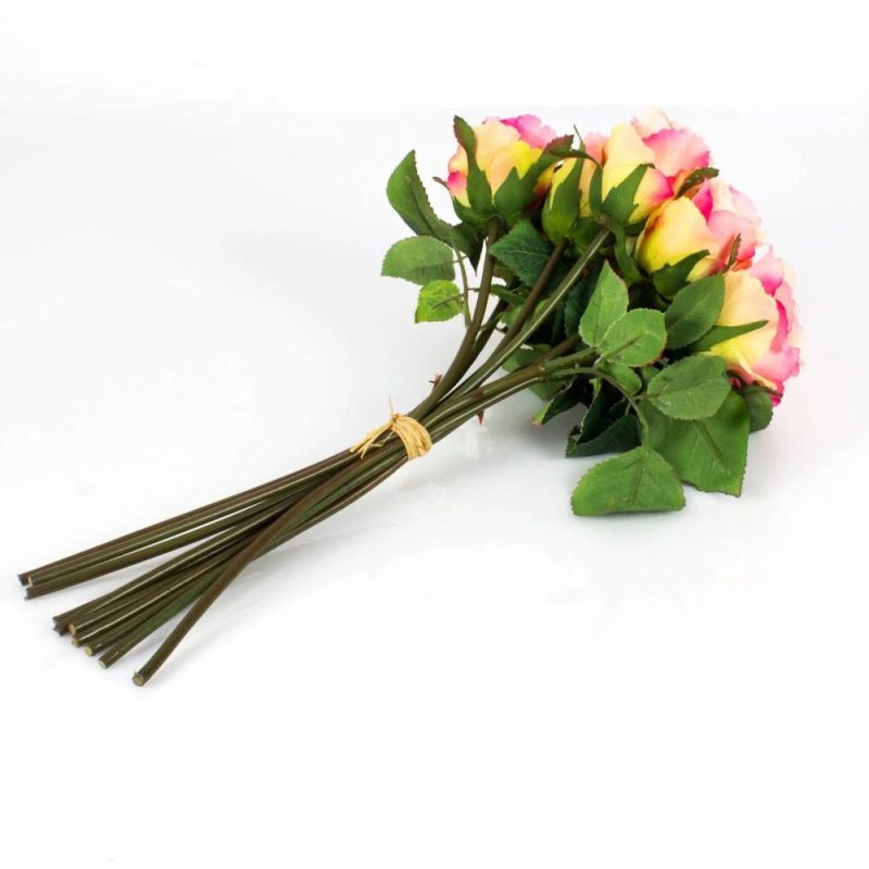 Rose | Bouquet Of Roses Molly With 10 Roses, Light Pink-Yellow, 14"/35Cm, Ø 8"/20Cm Artificial Flowers Rose