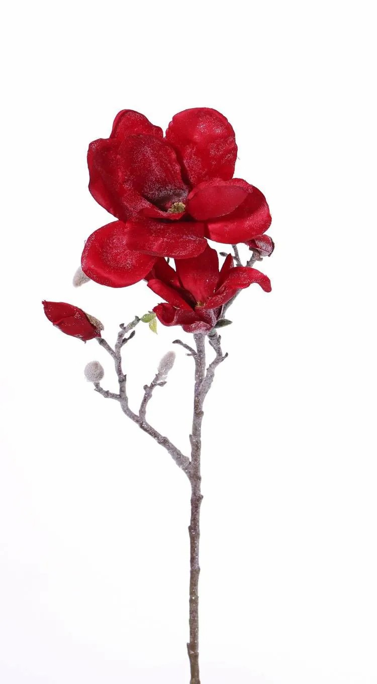 Magnolia | Artificial Magnolia Spray Simka, Frozen, Red, 24"/60Cm, Ø3.1"-6"/8-15Cm Artificial Flowers Magnolia